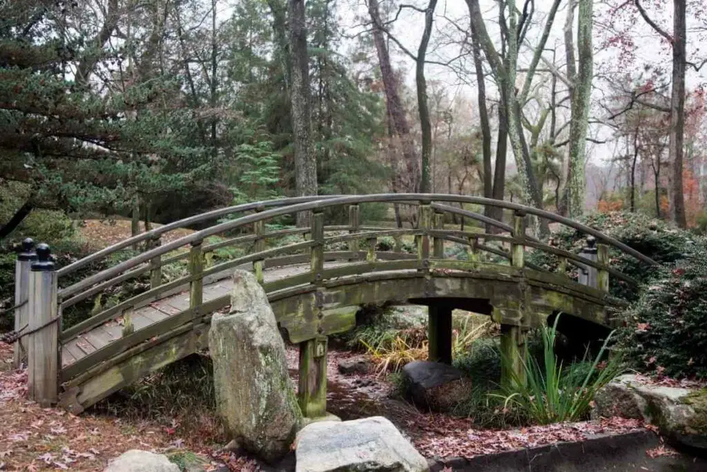 Old Japanese garden bridge shape wood and concrete