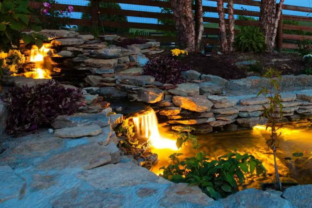 Beautiful garden pond with lights