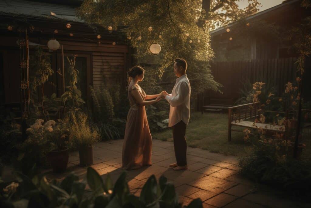 couple holding hands in the backyard