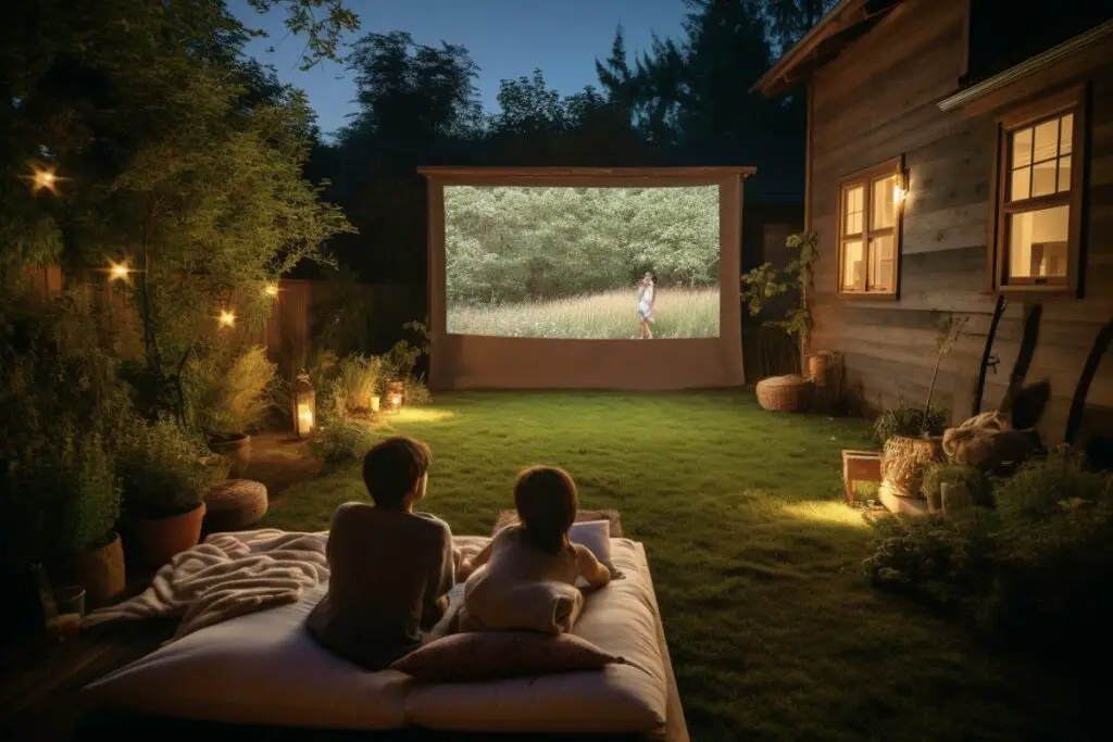 teenagers watching a film on a projector in the backyard