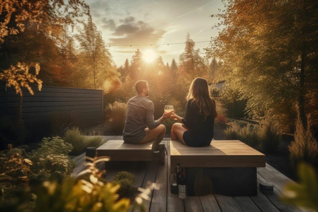 couple sitting in the backyard having a drink