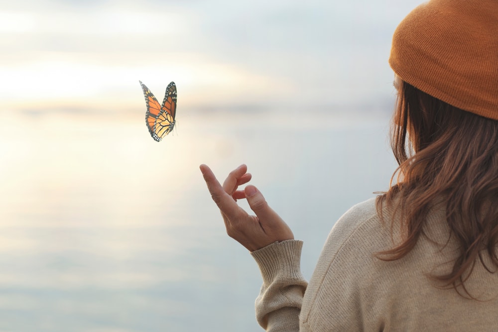 A person with a finger stretched out toward a butterfly.