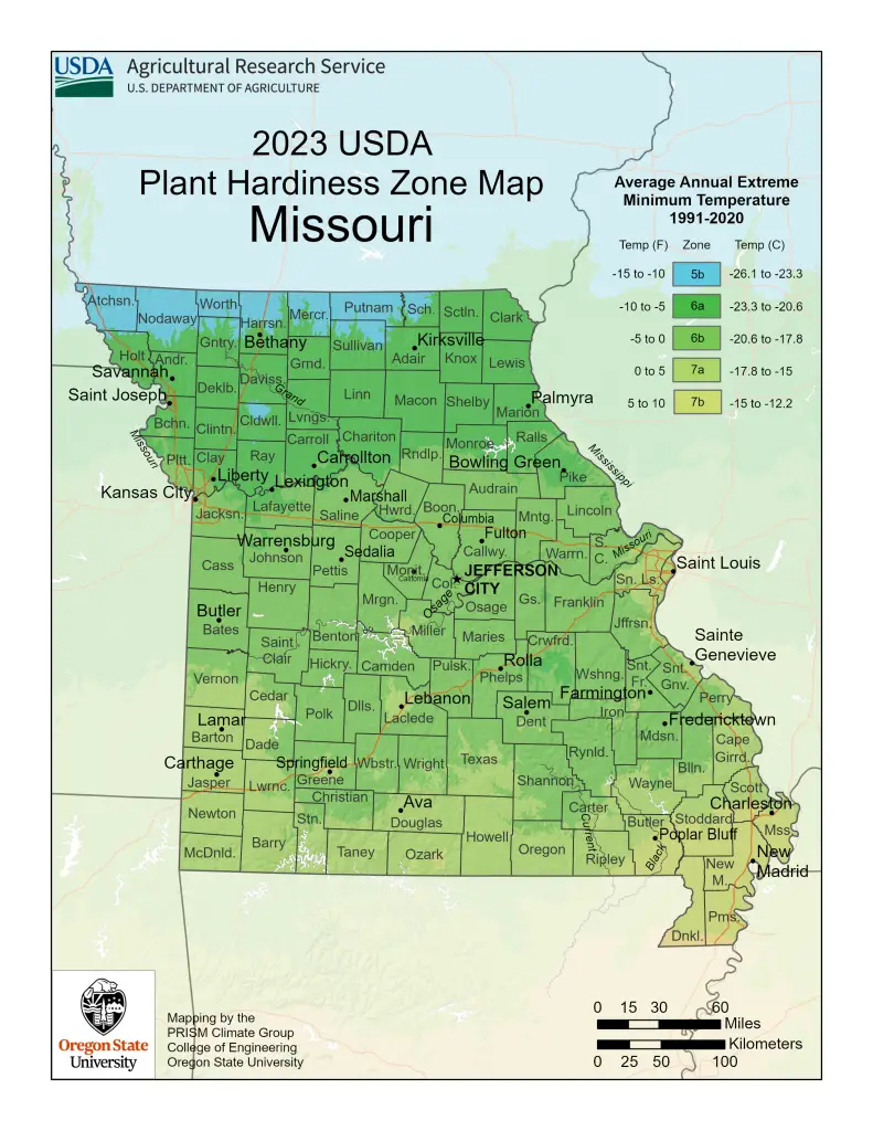 The 2023 Missouri hardiness zone map.