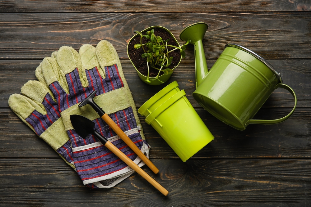 An overhead shot of various garden supplies, such as a watering can, gloves, and more.