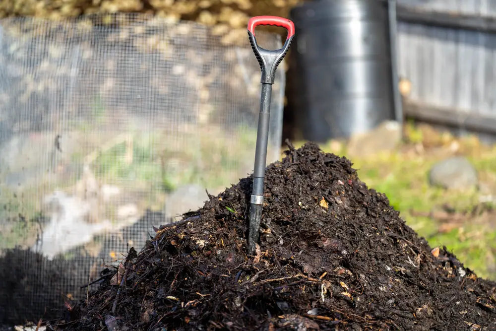 A pile of compost with a tool handle sticking out of it.