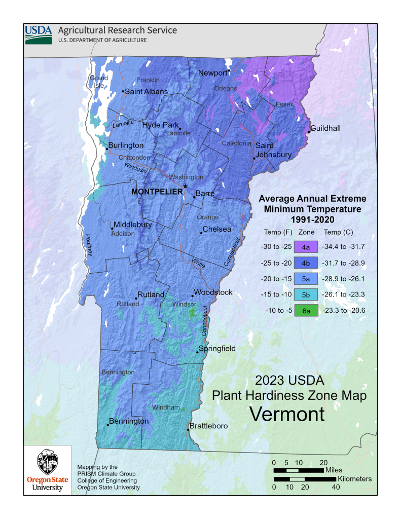 2023 Vermont plant hardiness zones map