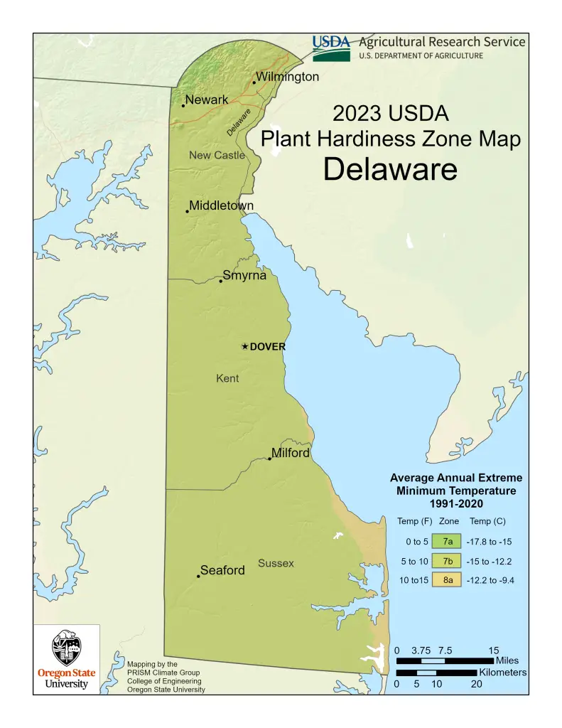 2023 USDA Delaware plant hardiness zones map.