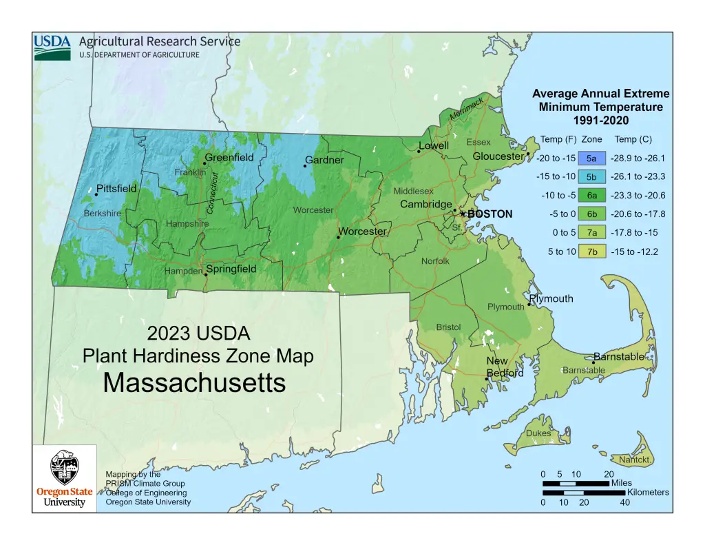 2023 USDA plant hardiness zones map information for Massachusetts.
