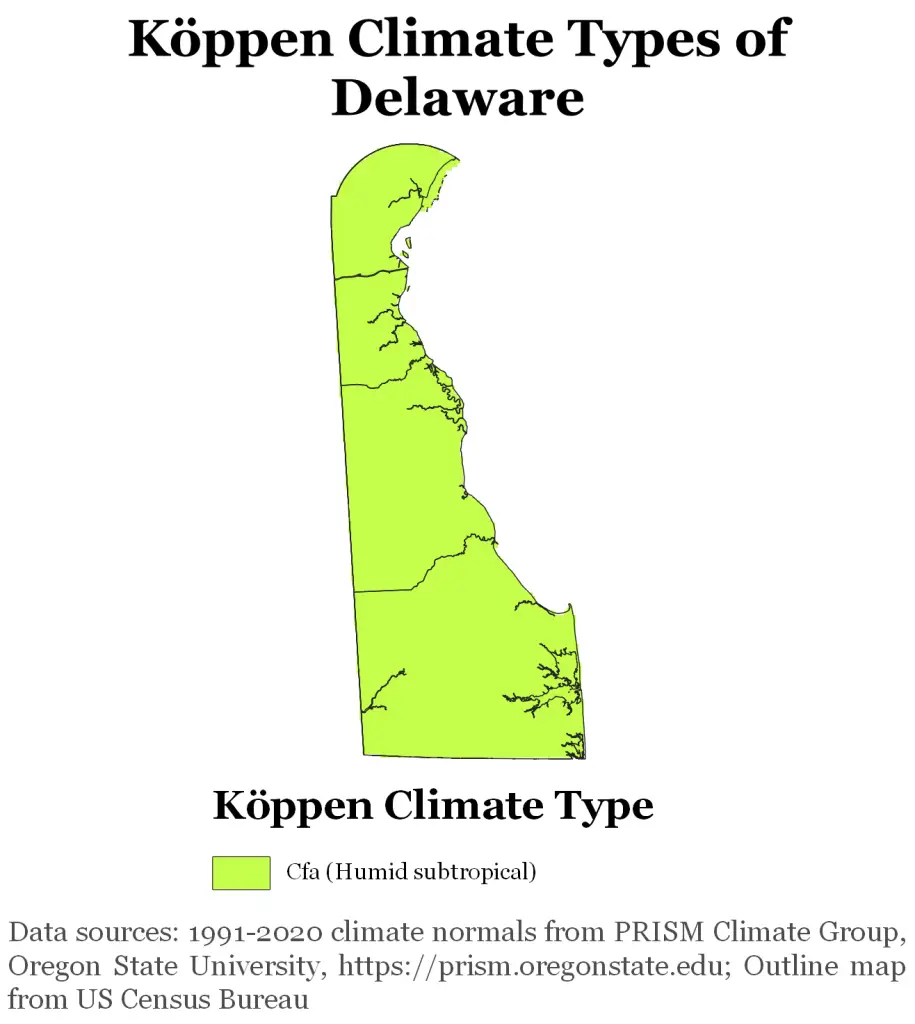 Map showing Koppen climate types in Delaware.