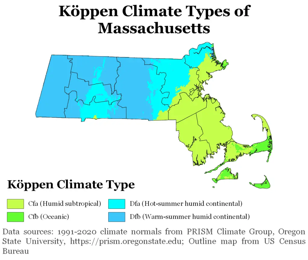 Koppen climate information for Massachusetts.