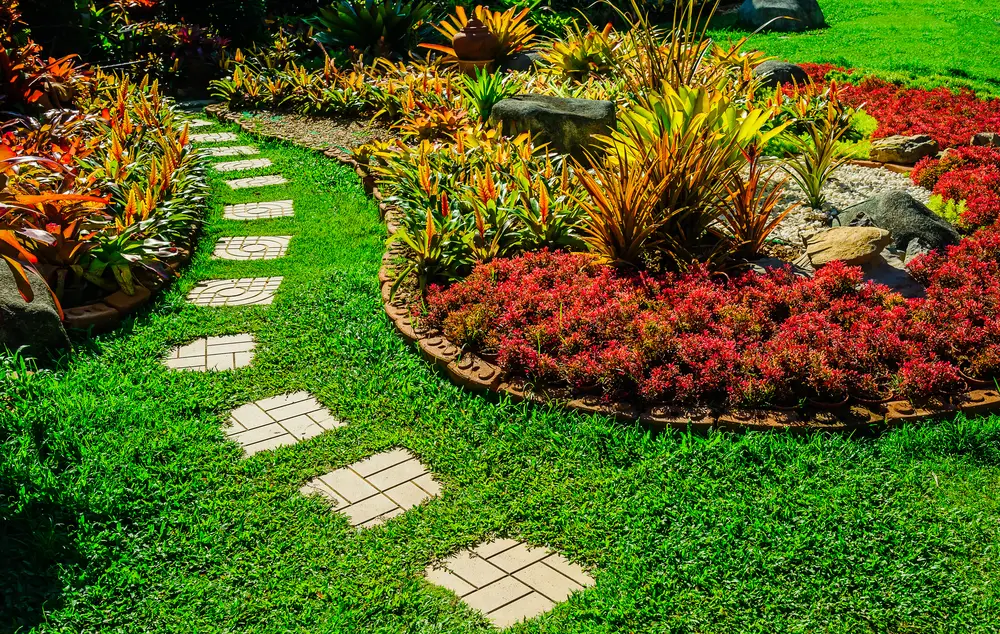 A beautiful lawn and garden with a pathway.