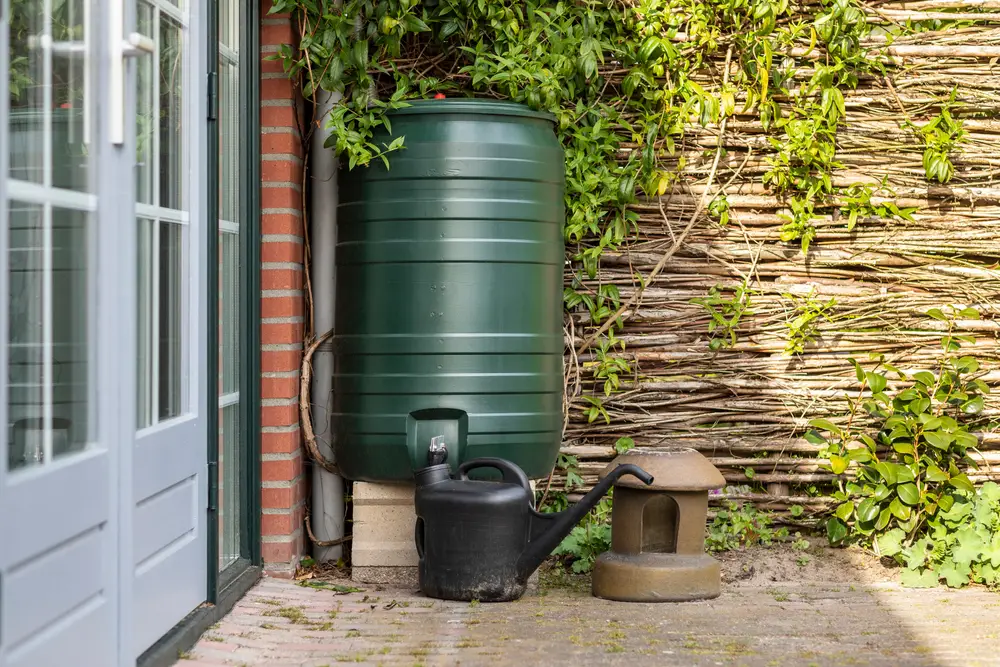 A green rain barrel in a corner outside.