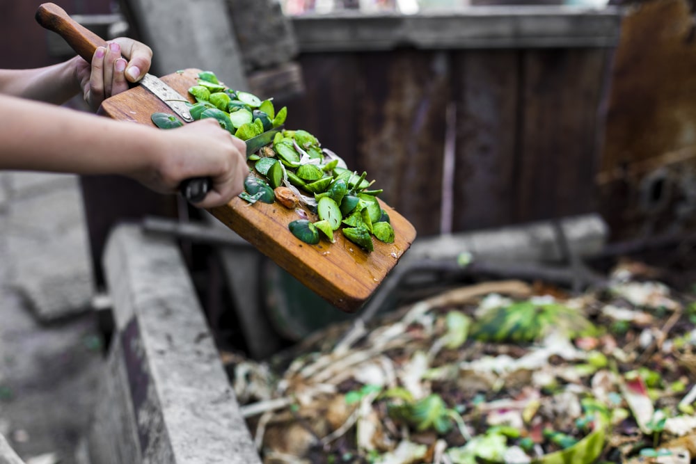 Scraping kitchen waste into a compost heap.