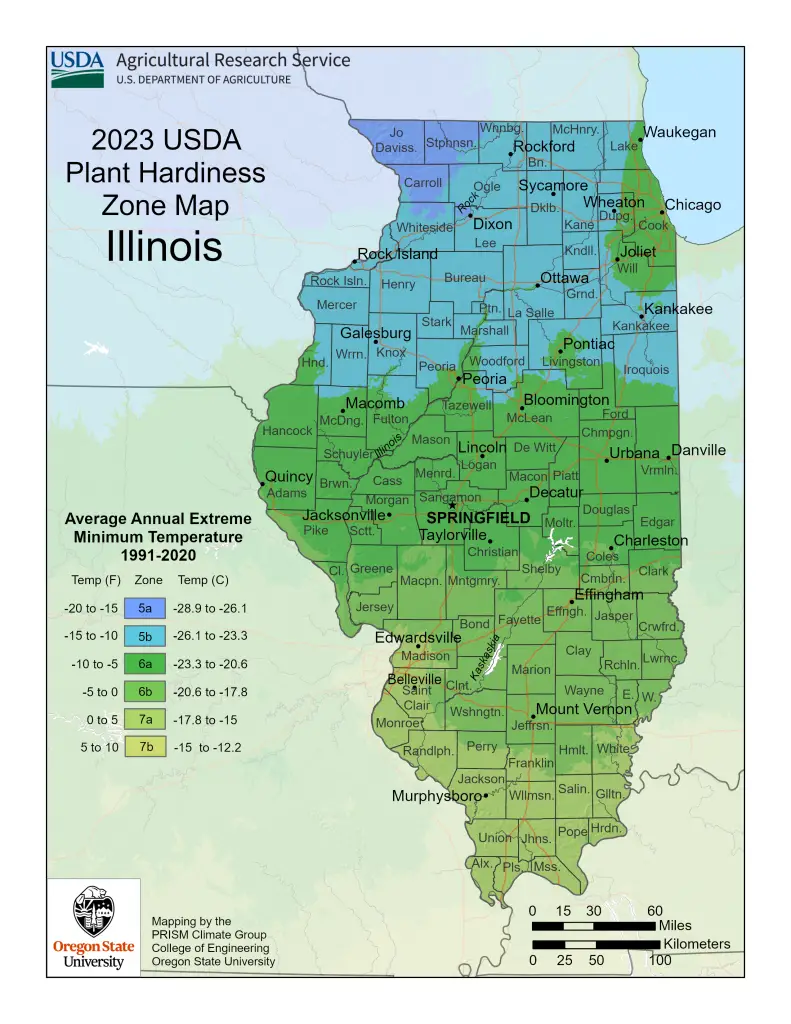 2023 USDA plant hardiness zones map information for Illinois.