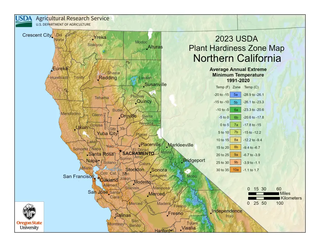 2023 USDA plant hardiness zones map information for California (north portion.