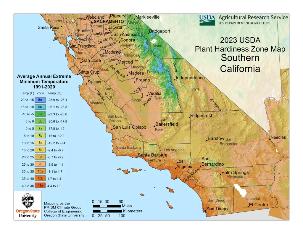 2023 USDA plant hardiness zones map information for California (south portion).
