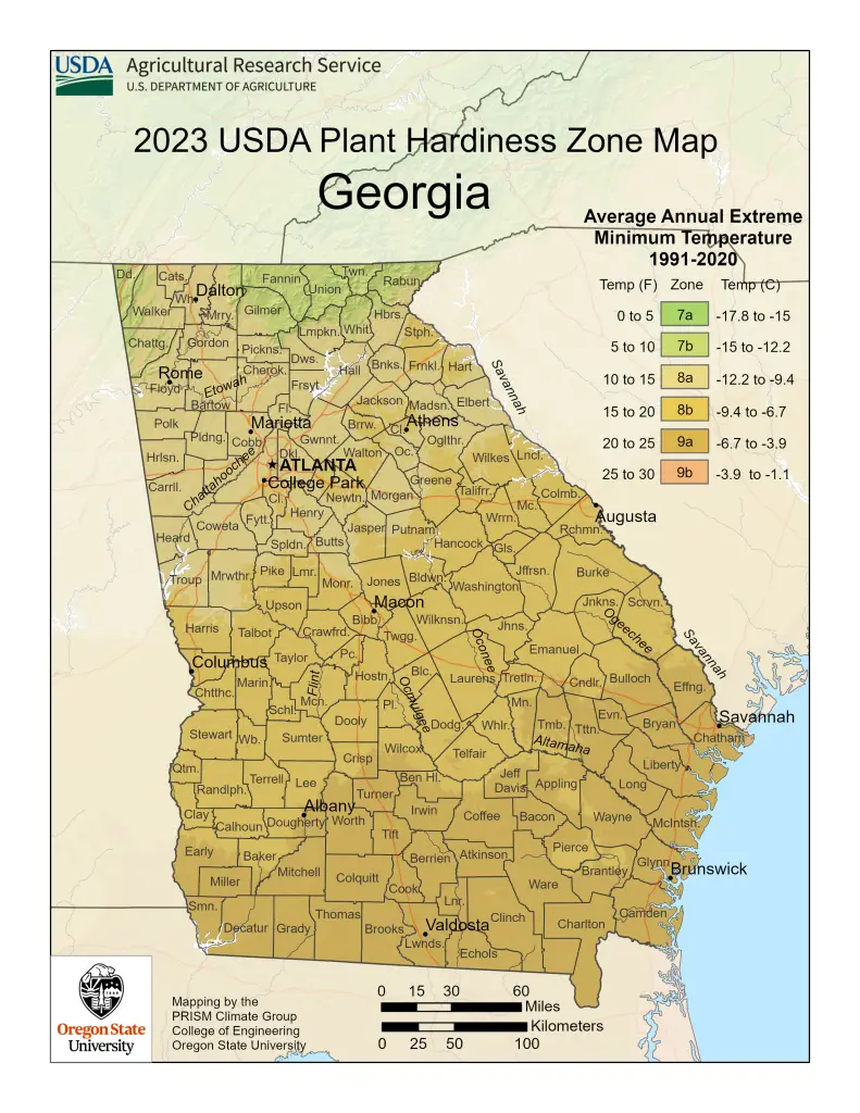 2023 USDA plant hardiness zones map information for Georgia.