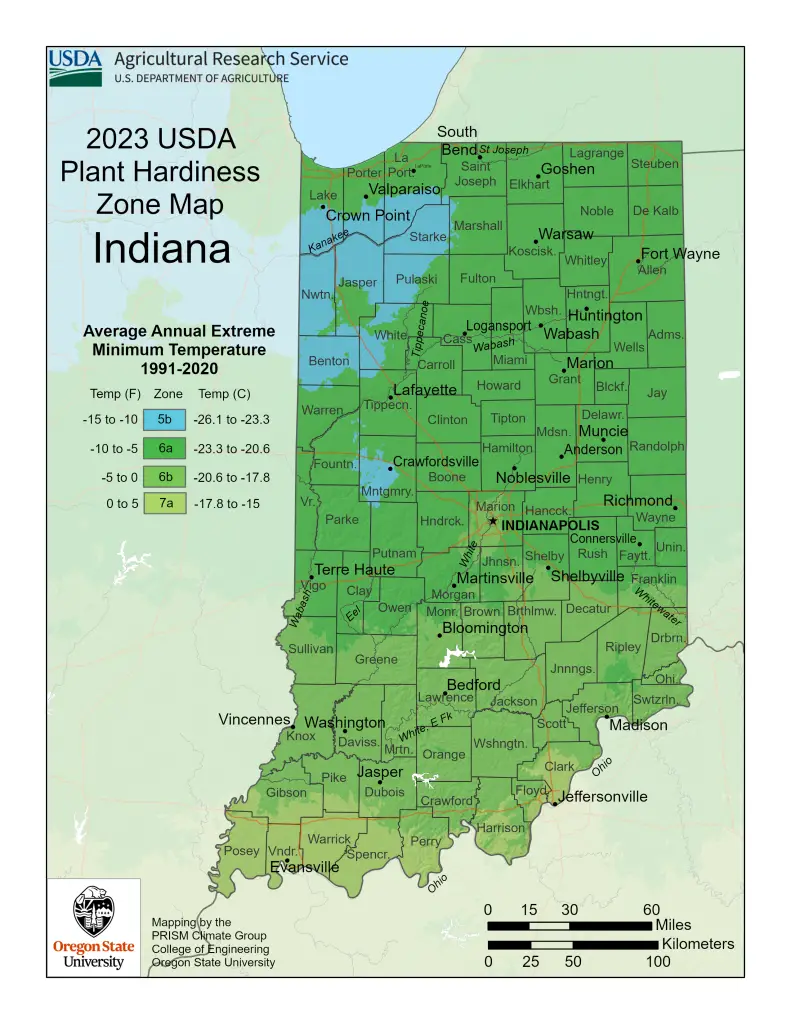 2023 USDA plant hardiness zones map information for Indiana.