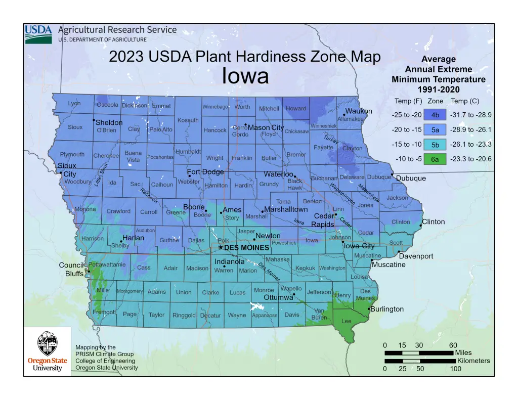 2023 USDA plant hardiness zones map information for Iowa.