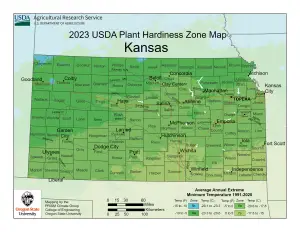 2023 USDA plant hardiness zones map information for Kansas.