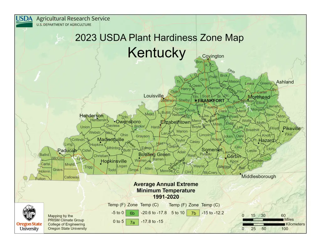 2023 USDA plant hardiness zones map information for Kentucky.