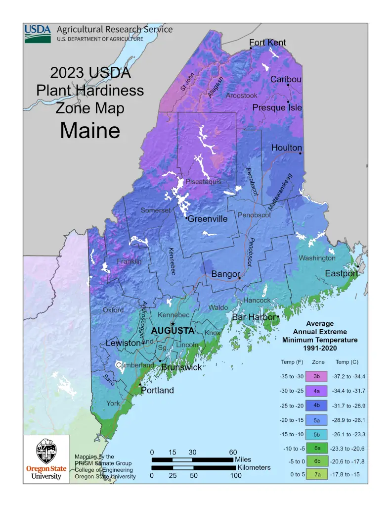 2023 USDA plant hardiness zones map information for Maine.