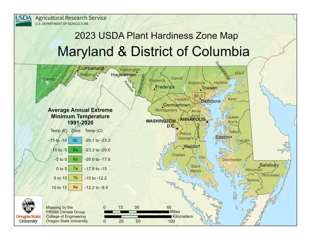 2023 USDA plant hardiness zones map information for Maryland.