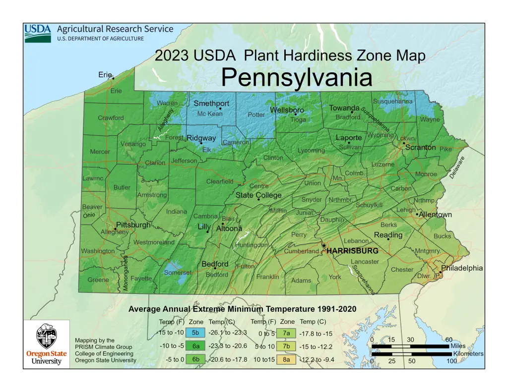 2023 USDA plant hardiness zones map information for Pennsylvania.