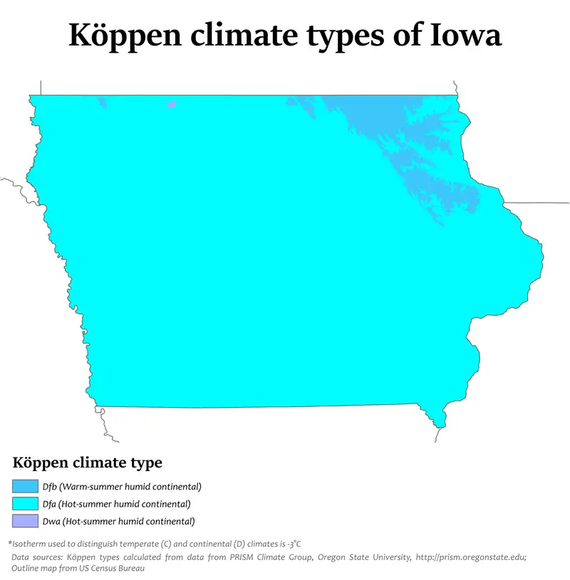 Map showing Koppen climate types in Iowa.