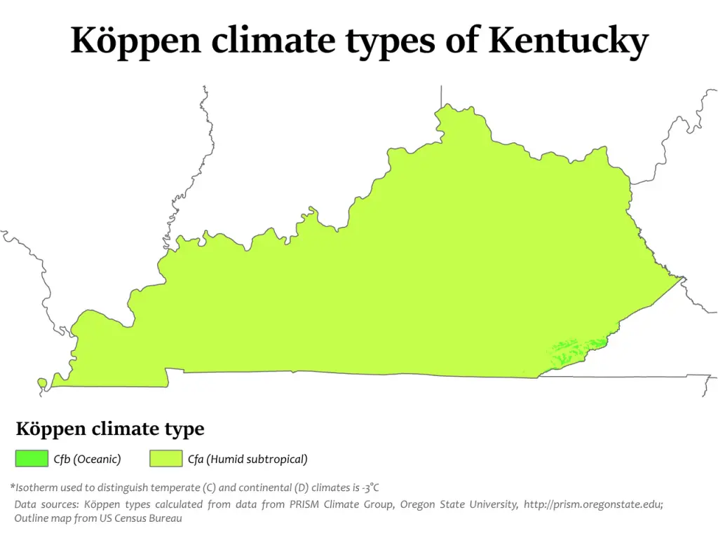 Map showing Koppen climate types in Kentucky.