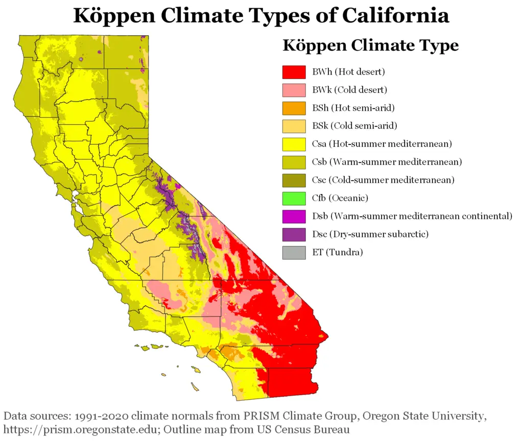 Map showing Koppen climate types in California.