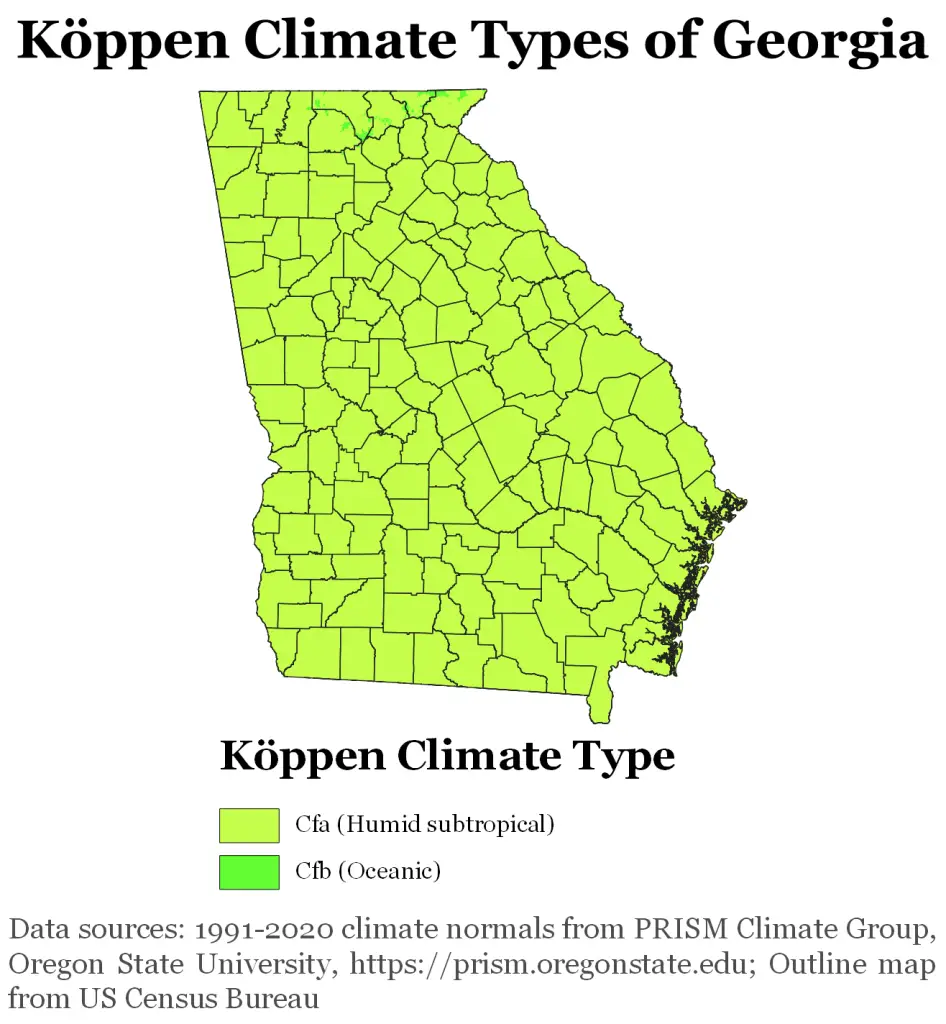 Map showing Koppen climate types in Georgia.