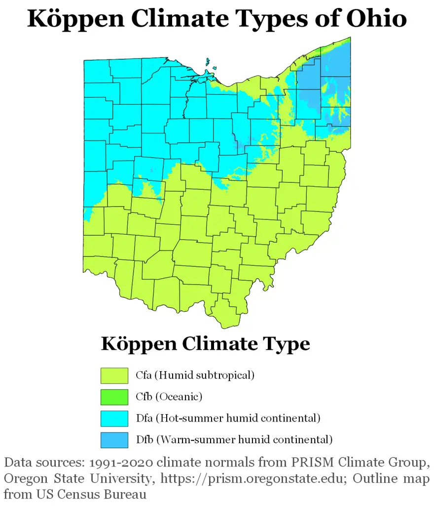 Map showing Koppen climate types in Ohio.