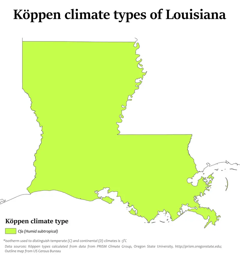 Map showing Koppen climate types in Louisiana.