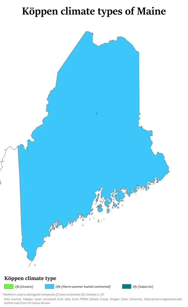 Map showing Koppen climate types in Maine.