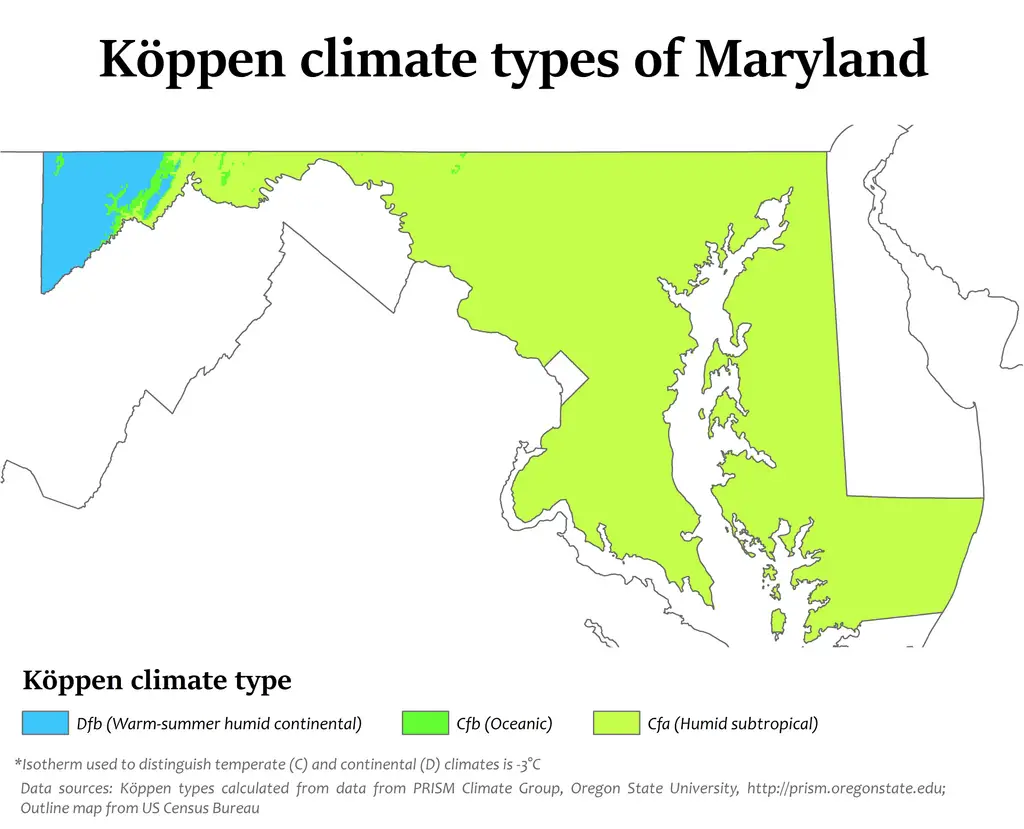 Map showing Koppen climate types in Maryland.