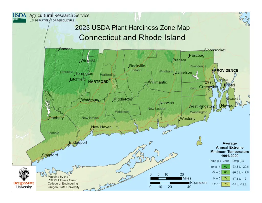 2023 USDA plant hardiness zones map information for Connecticut