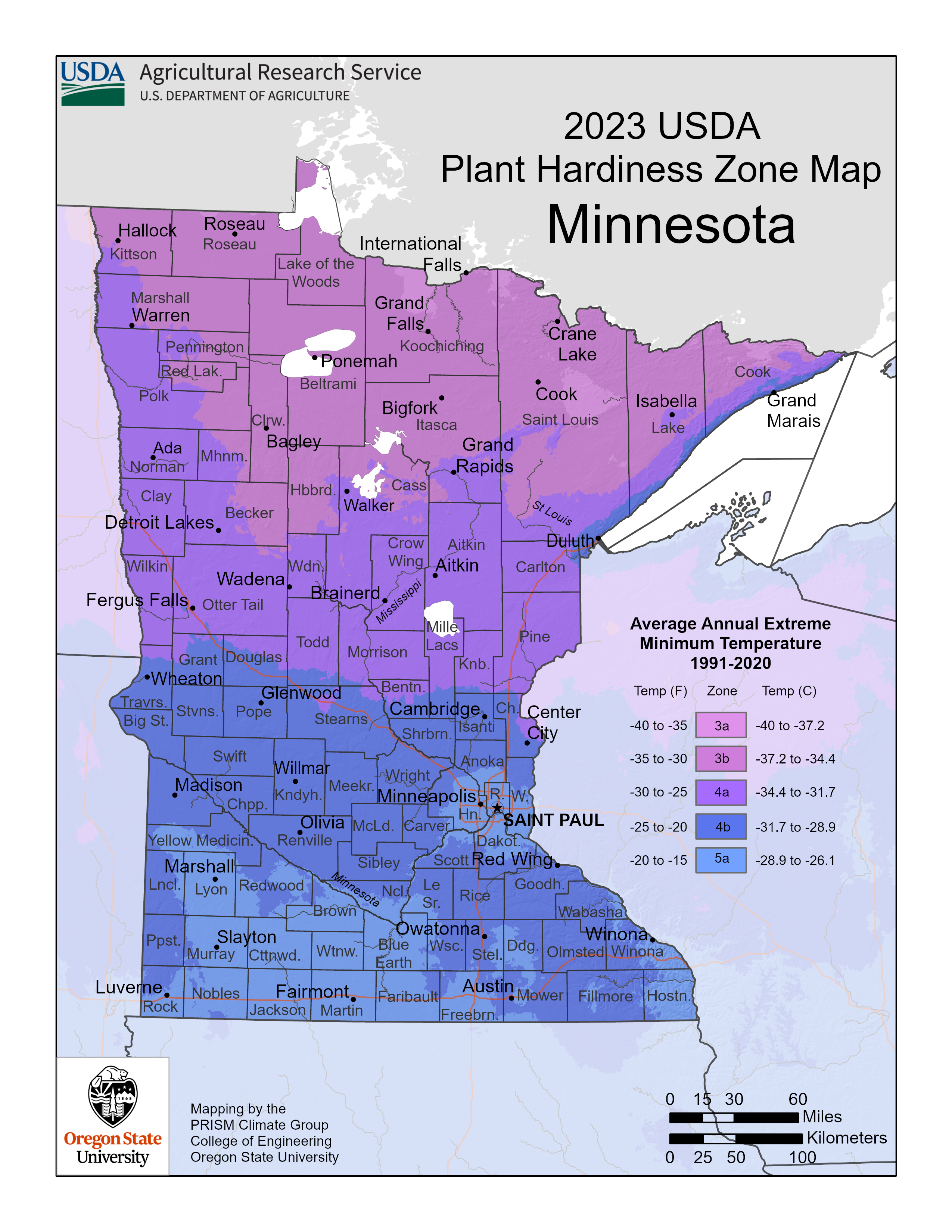 2023 USDA plant hardiness zones map information for Minnesota.