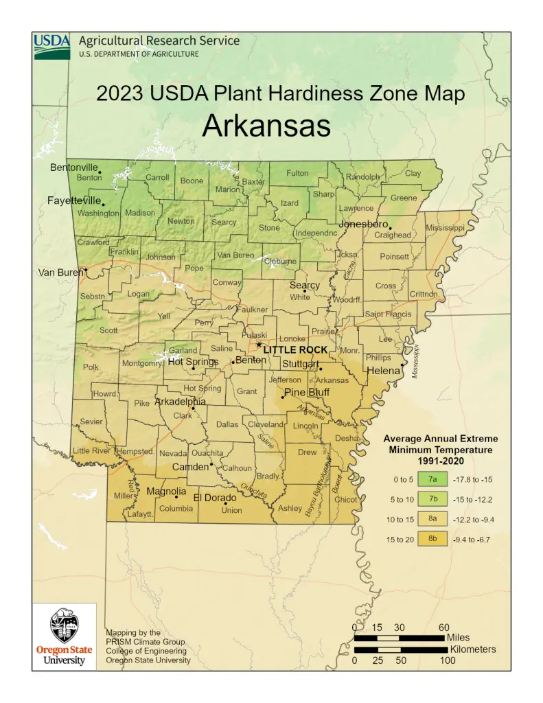 2023 USDA plant hardiness zones map information for Arkansas.