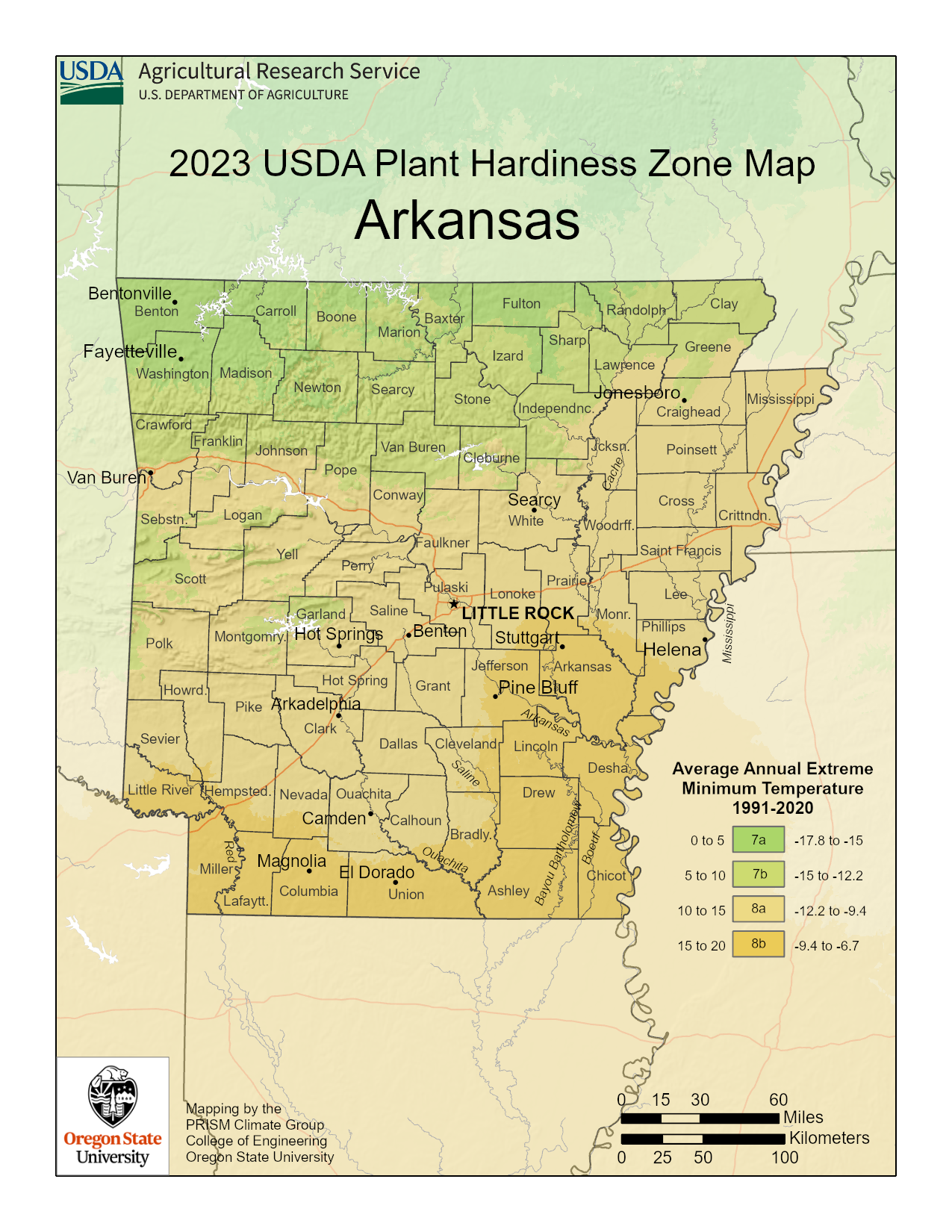 2023 USDA plant hardiness zones map information for Arkansas.