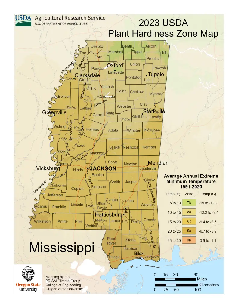 2023 USDA plant hardiness zones map information for Mississippi