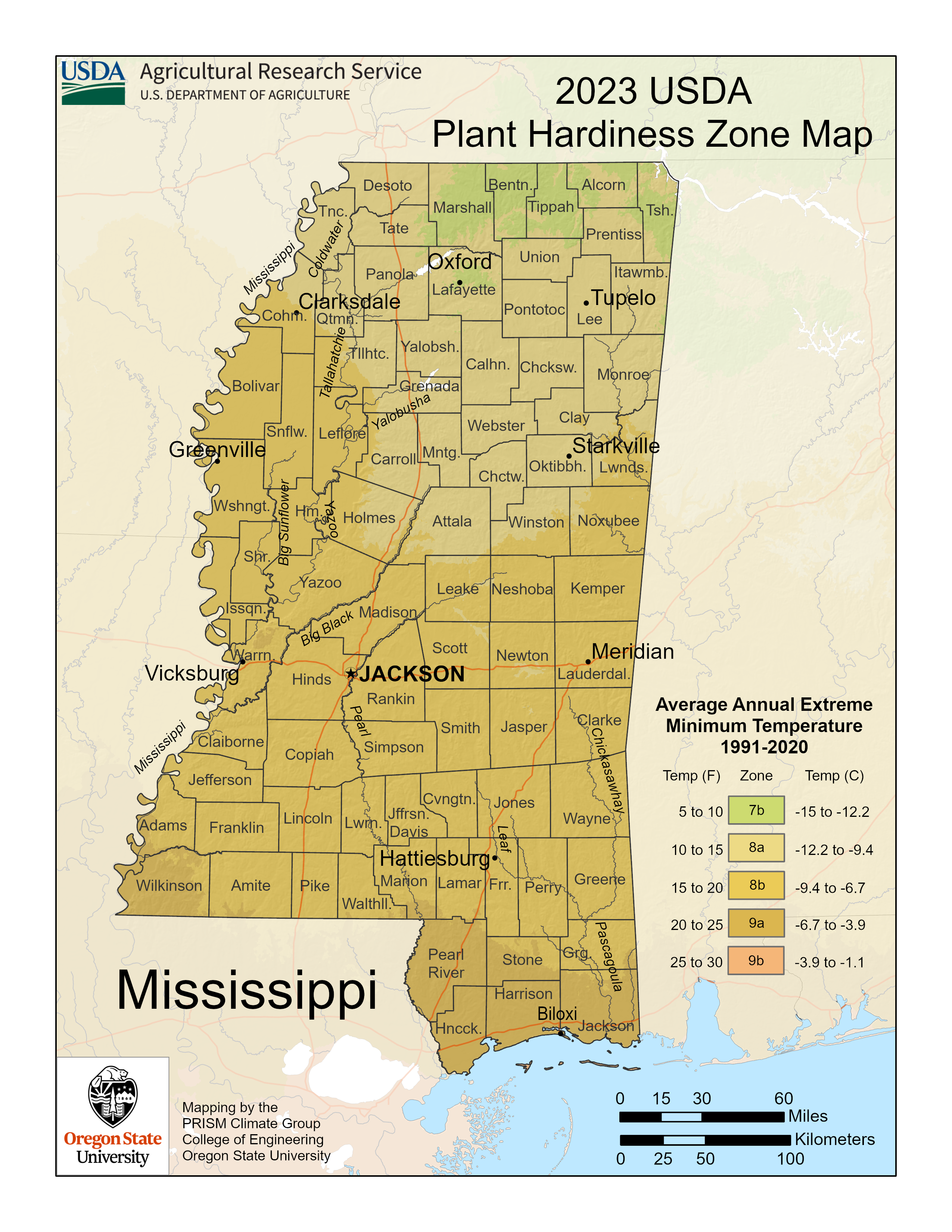 2023 USDA plant hardiness zones map information for Mississippi