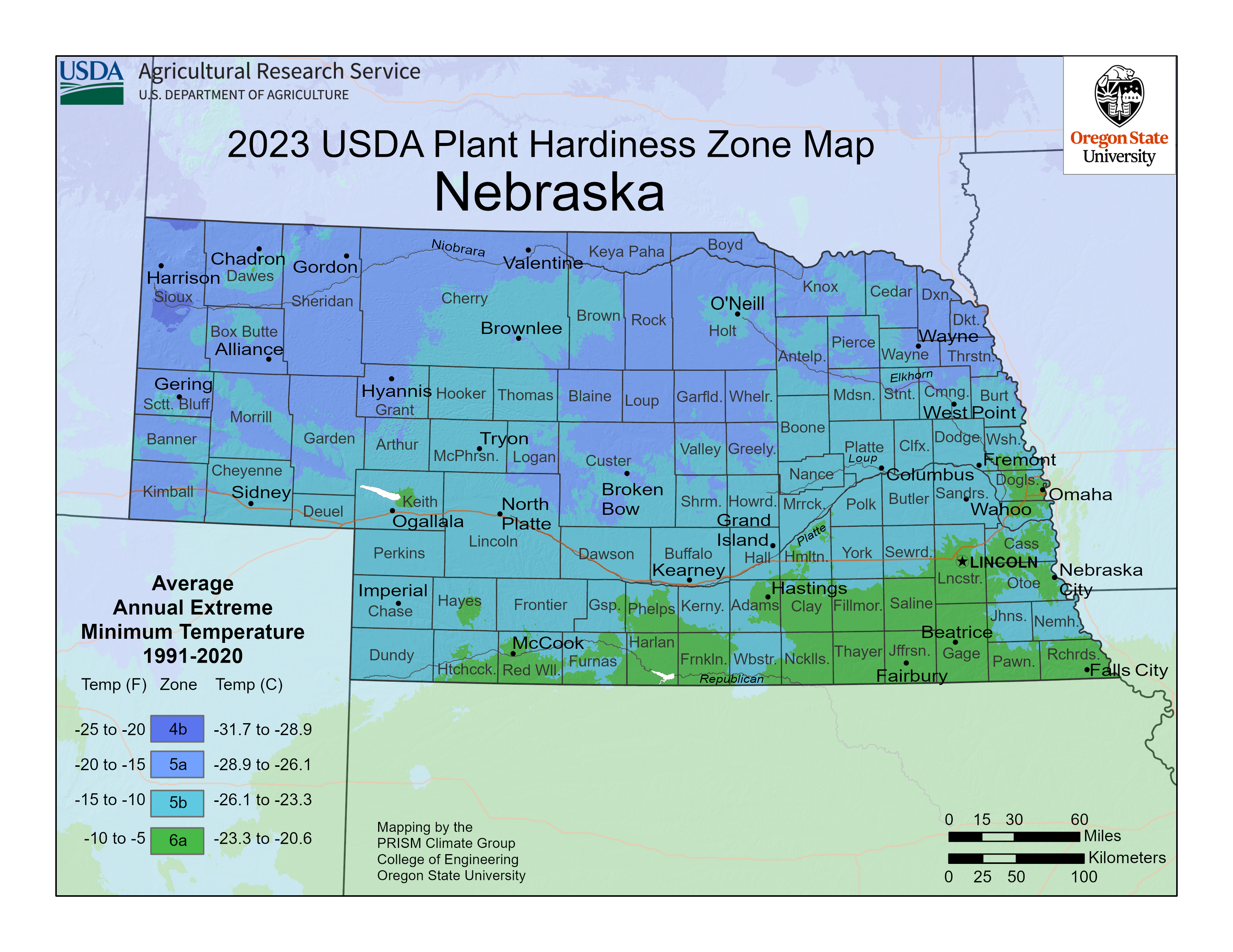 2023 USDA plant hardiness zones map information for Nebraska