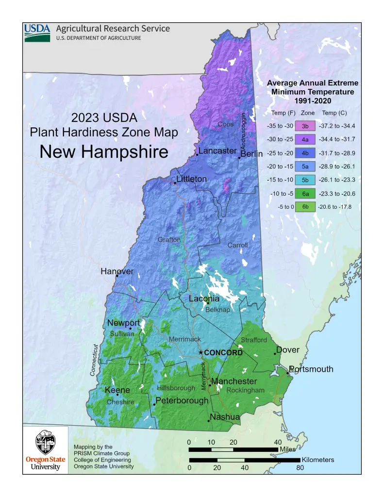 2023 USDA plant hardiness zones map information for New Hampshire