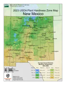 2023 USDA plant hardiness zones map information for New Mexico.