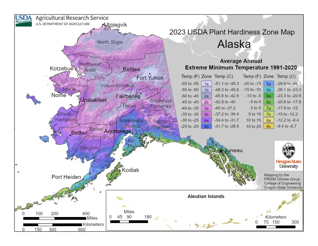 2023 USDA plant hardiness zones map information for Alaska.