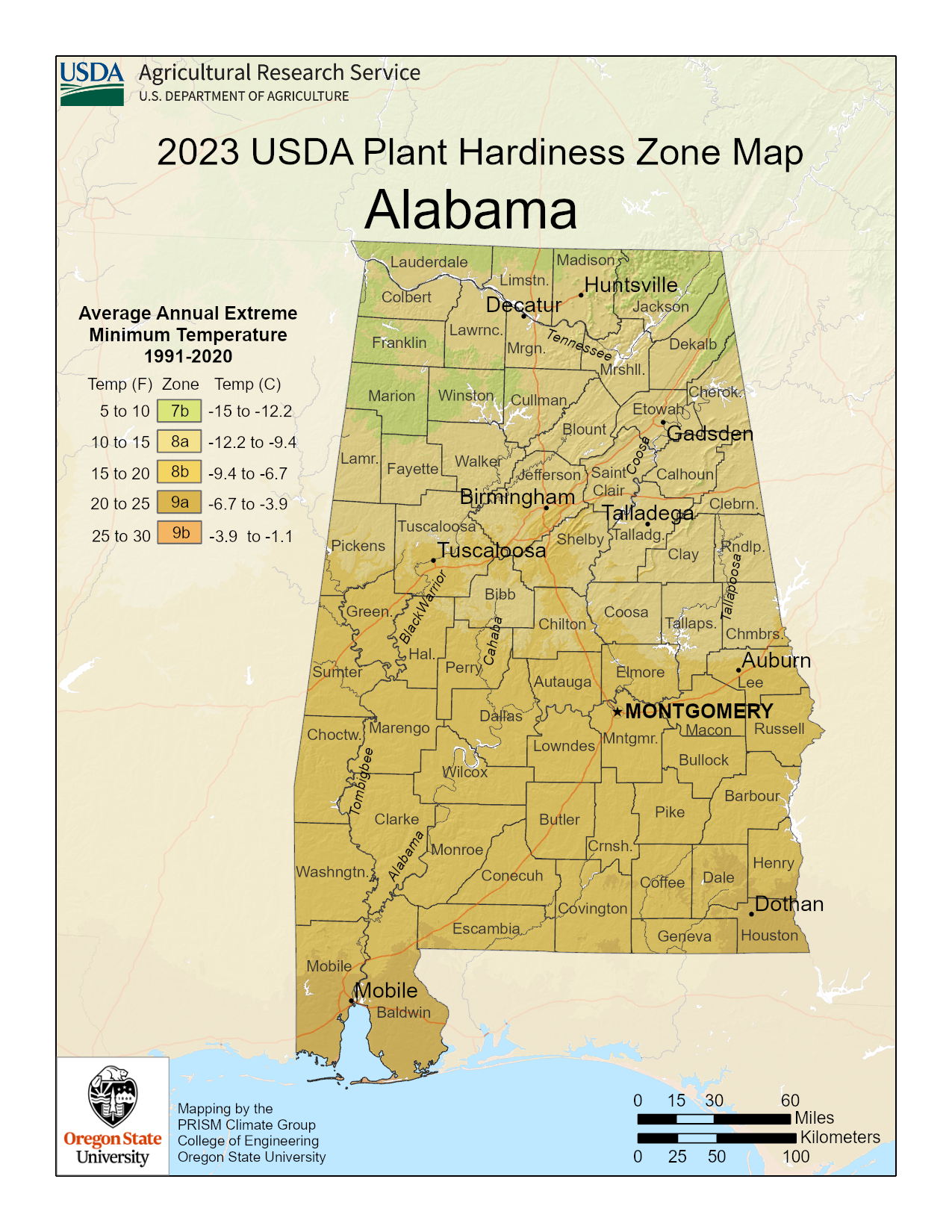 2023 USDA plant hardiness zones map information for Alabama.