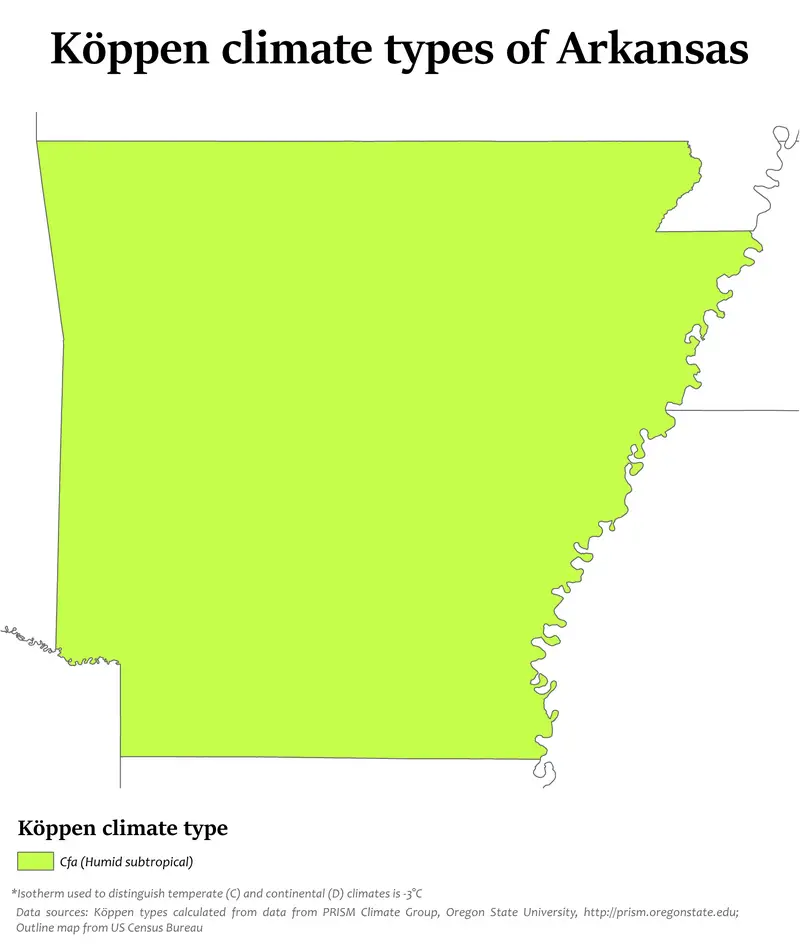 Map showing Koppen climate types in Arkansas.