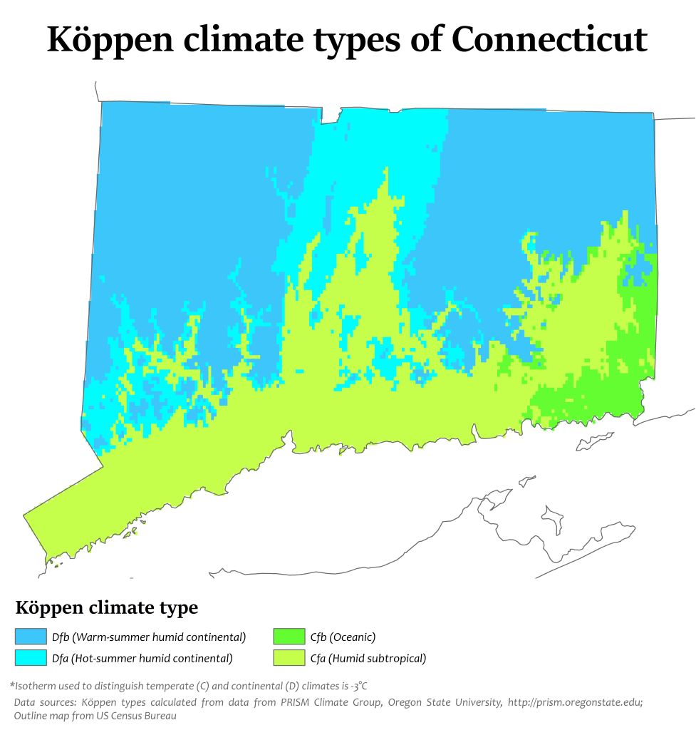 Map showing Koppen climate types in Connecticut