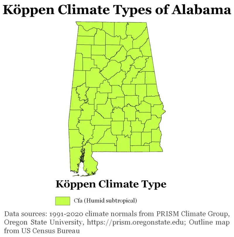 Map showing Koppen climate types in Alabama.